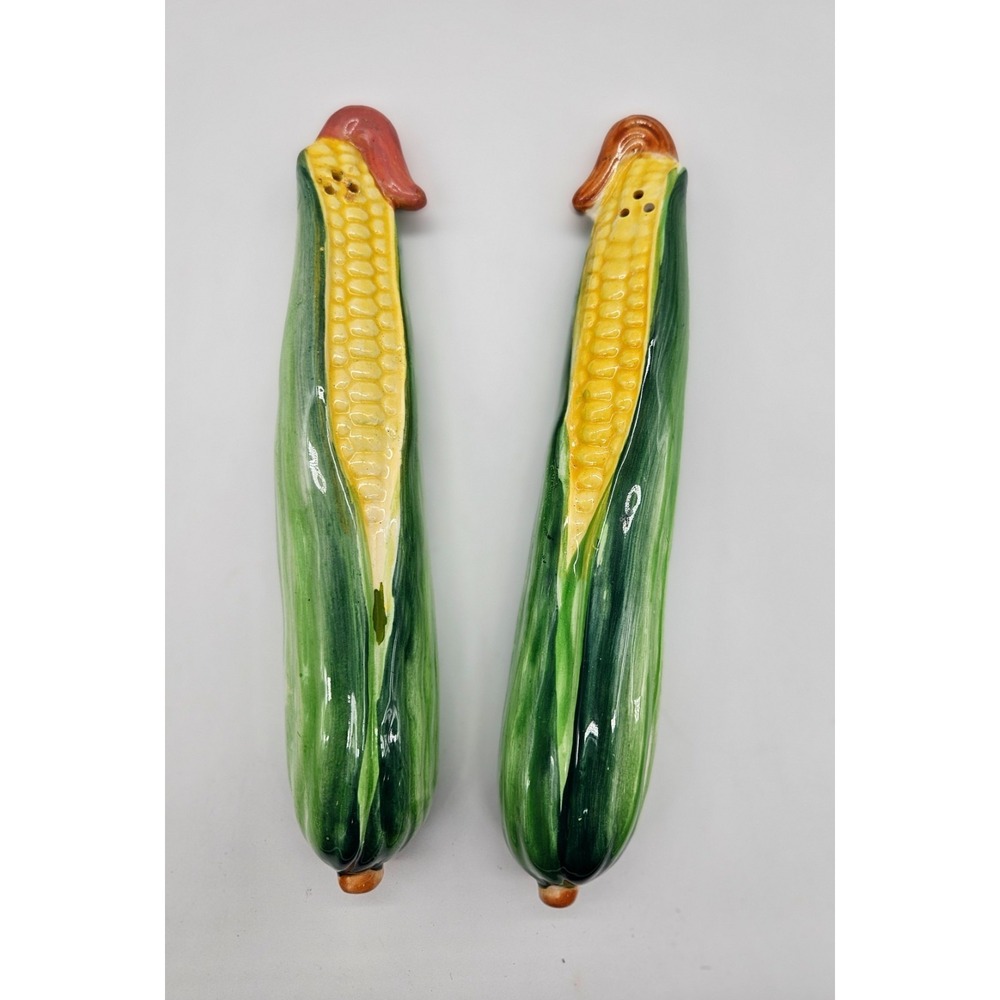 Vintage Ucagco Japan Ceramic Corn on the Cob Salt Pepper Shaker Set Green Yellow